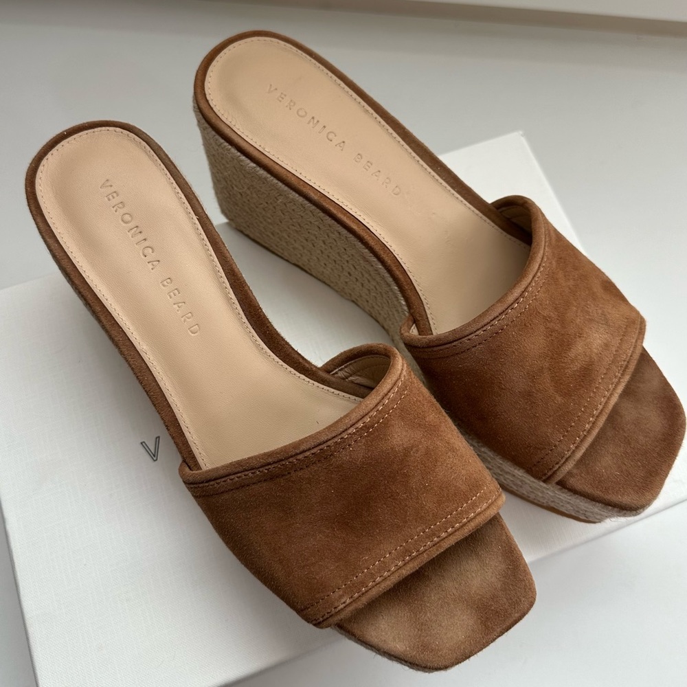 Veronica Beard Tan Suede Espadrille Wedge Slide Sandals